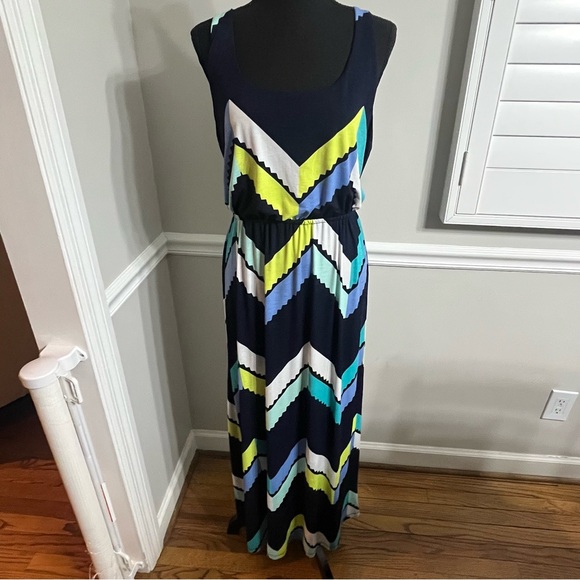 Trixxi Dress Womens M Navy Multi Chevron Maxi Sleeveless Boho Casual Chic Retro - Picture 2 of 5